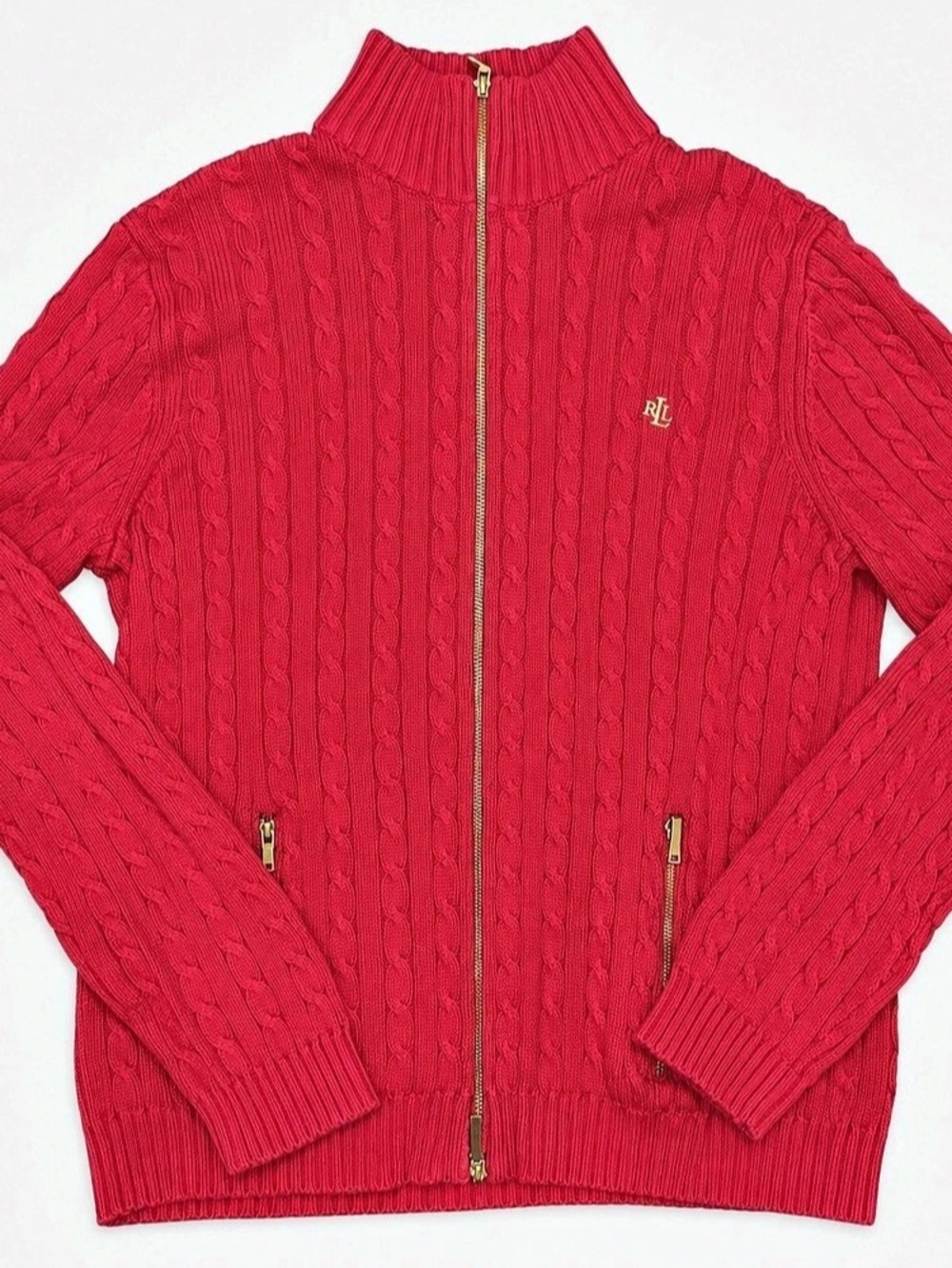 Lauren Ralph Lauren Petite Cable-Knit Full-Zip Sweater Red Petite Large